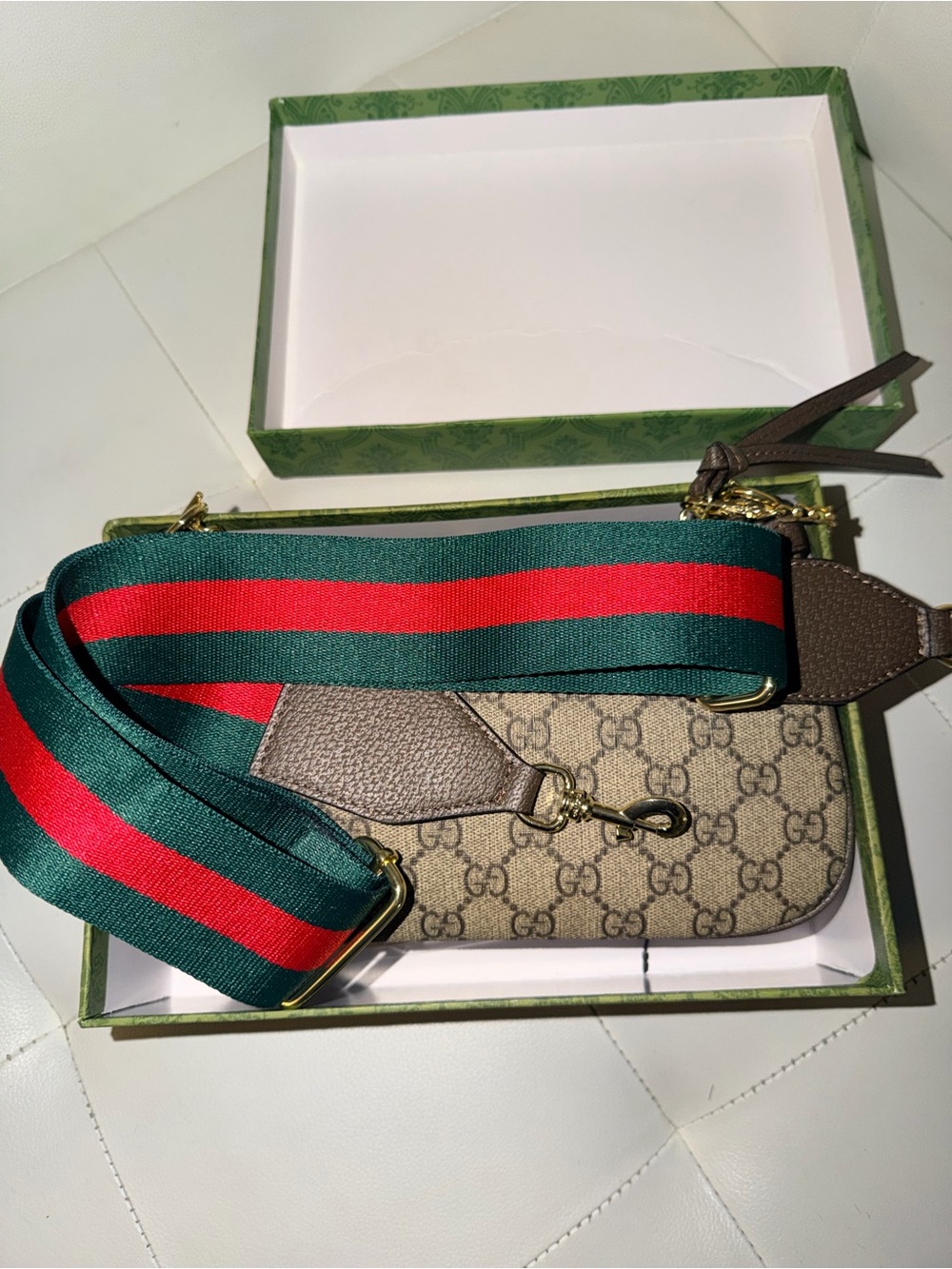 Gucci Beige GG Canvas Mini Shoulder Bag with Brown Trim and Red-Green Web Strap - Picture 4 of 8